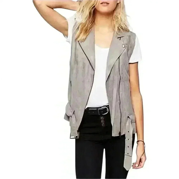 House of Harlow  1960 Stevle Faux Suede Zip Moto Vest Belted Grey Women's Medium - Picture 1 of 11